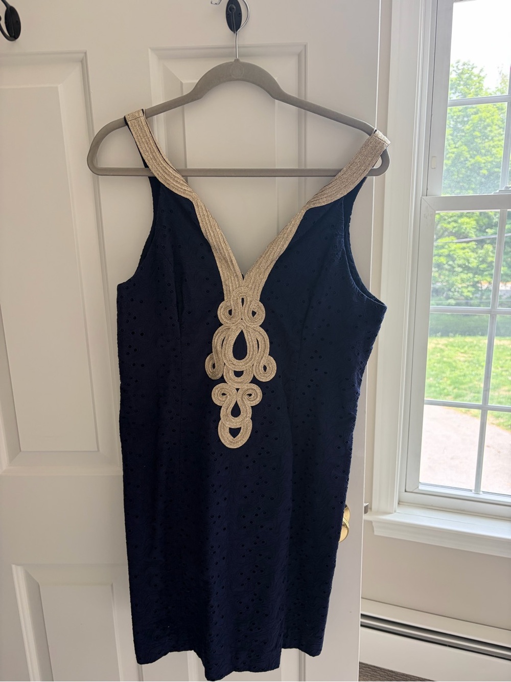 Lilly Pulitzer Navy Eyelet Shift Dress with Gold Rope Trim